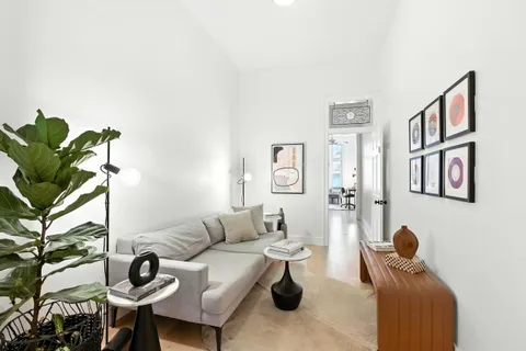 a living room with furniture and a potted plant