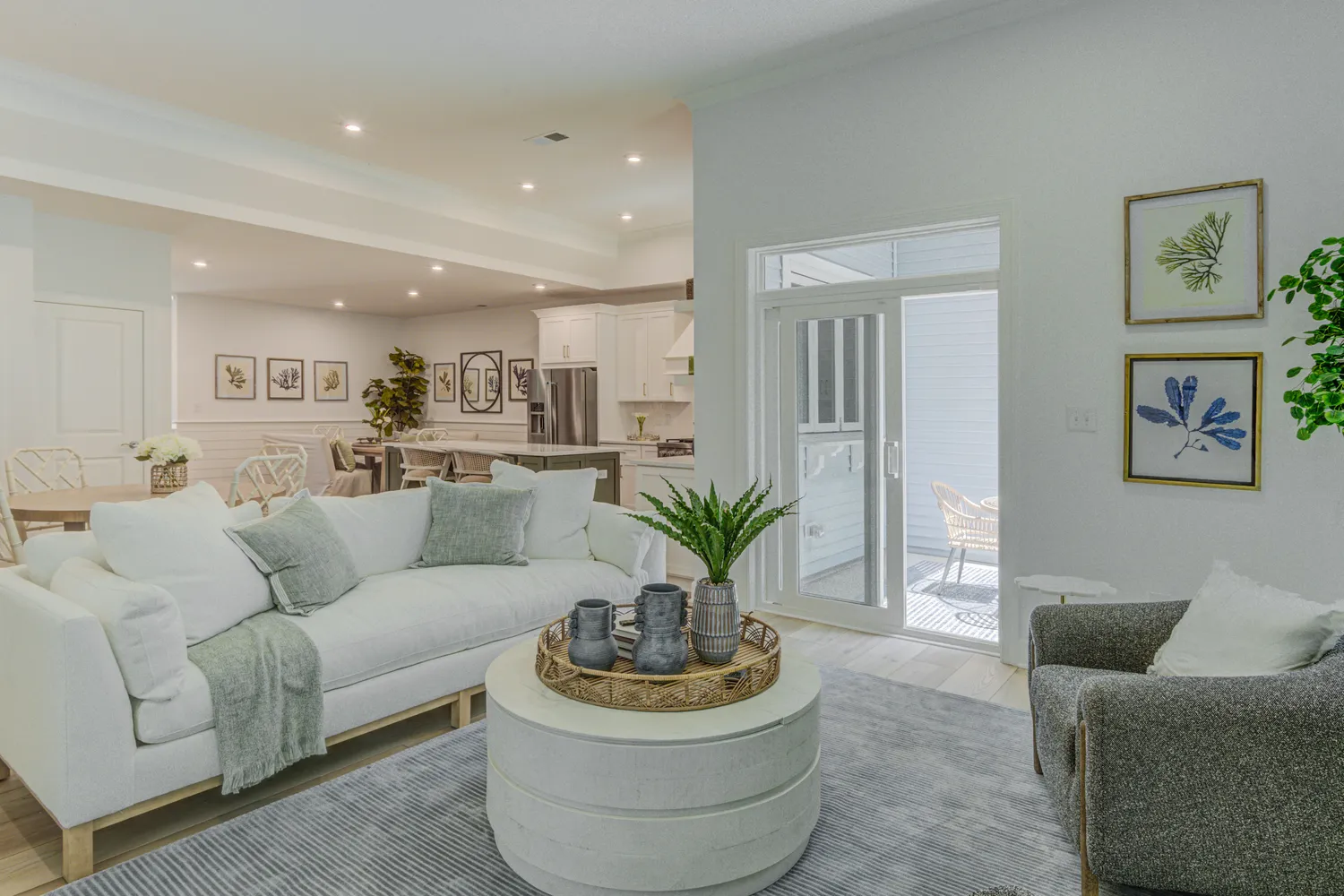 a living room with furniture and a potted plant