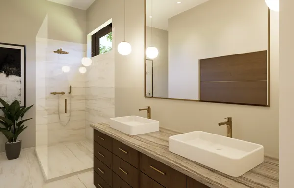 a bathroom with a double vanity sink a mirror and a shower