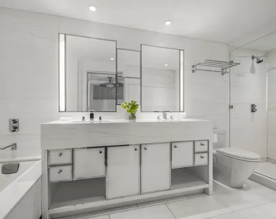 a bathroom with a double vanity sink toilet and shower