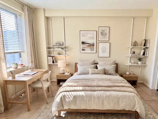 a bedroom with two beds and a table