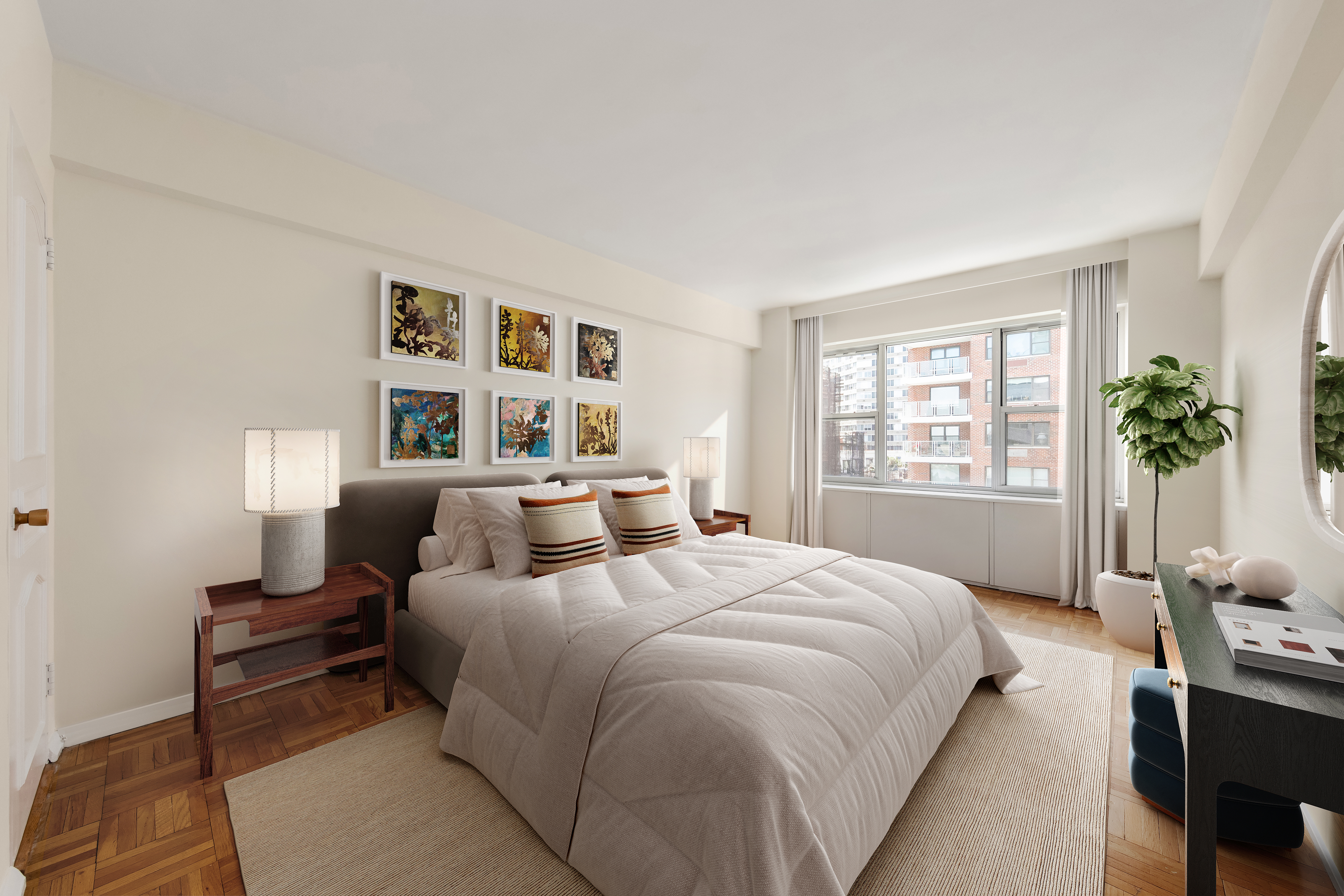 45 Sutton Place South, Unit 14N Manhattan, NY 10022 - Photo 8 of 19 a spacious bedroom with a bed and a couch
