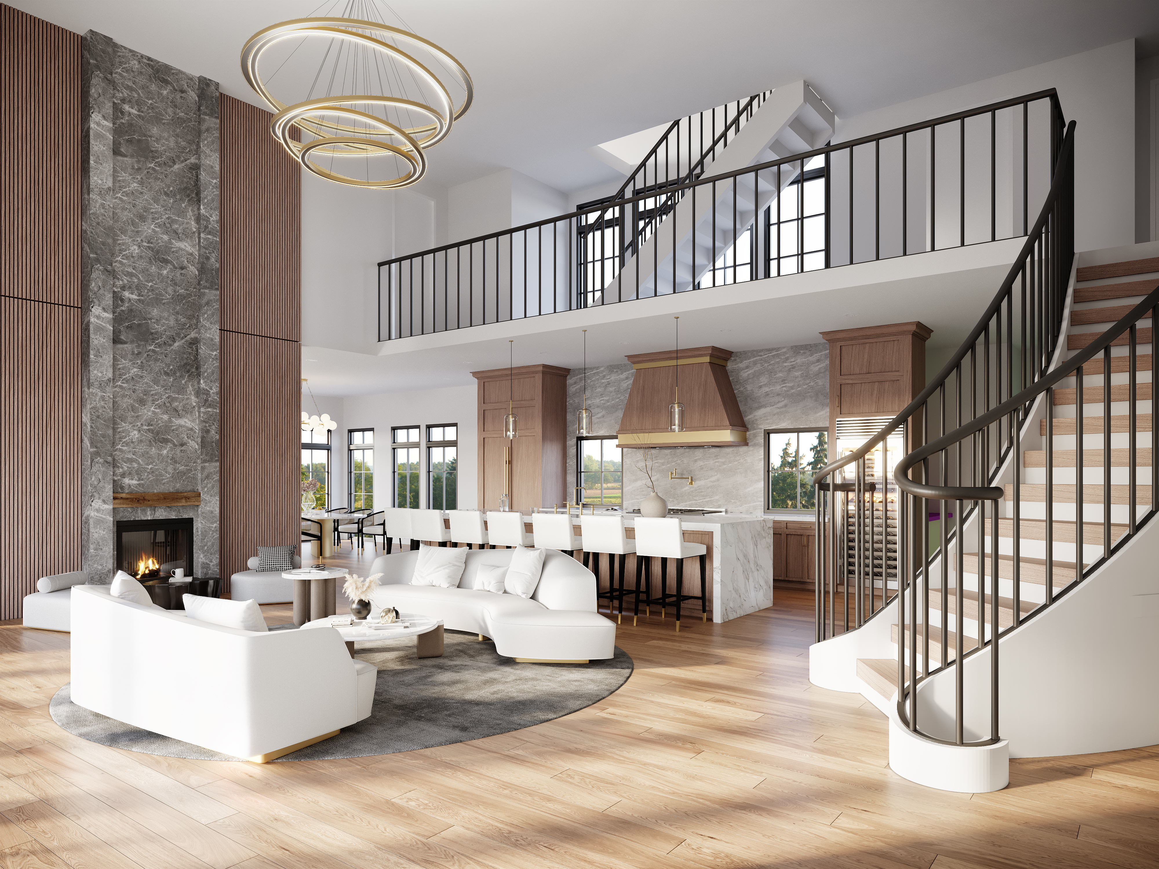 a living room with fireplace furniture and a table
