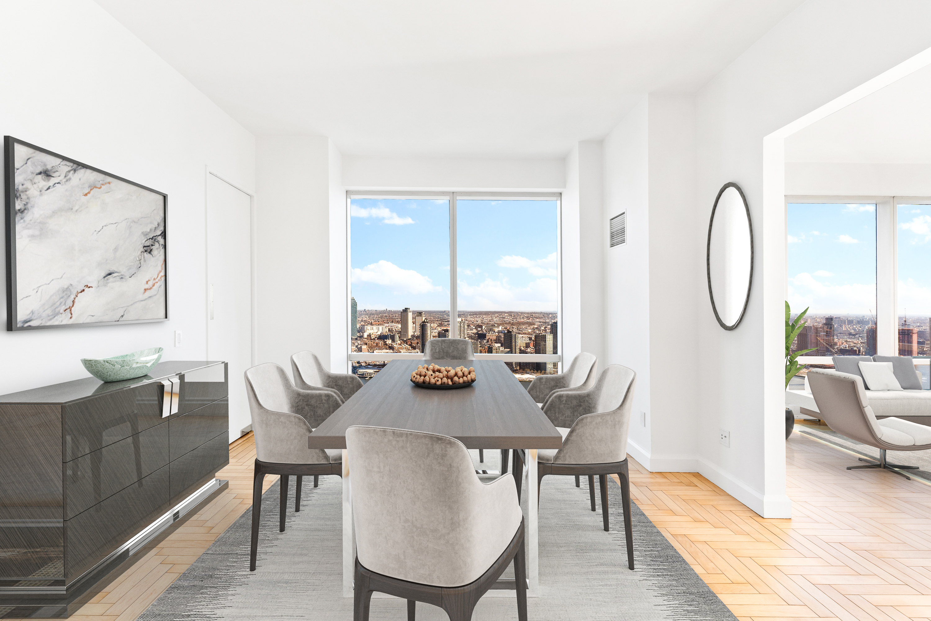 845 United Nations Plaza, Unit 63B Manhattan, NY 10017 - Photo 2 of 14 a dining room with furniture a rug and wooden floor