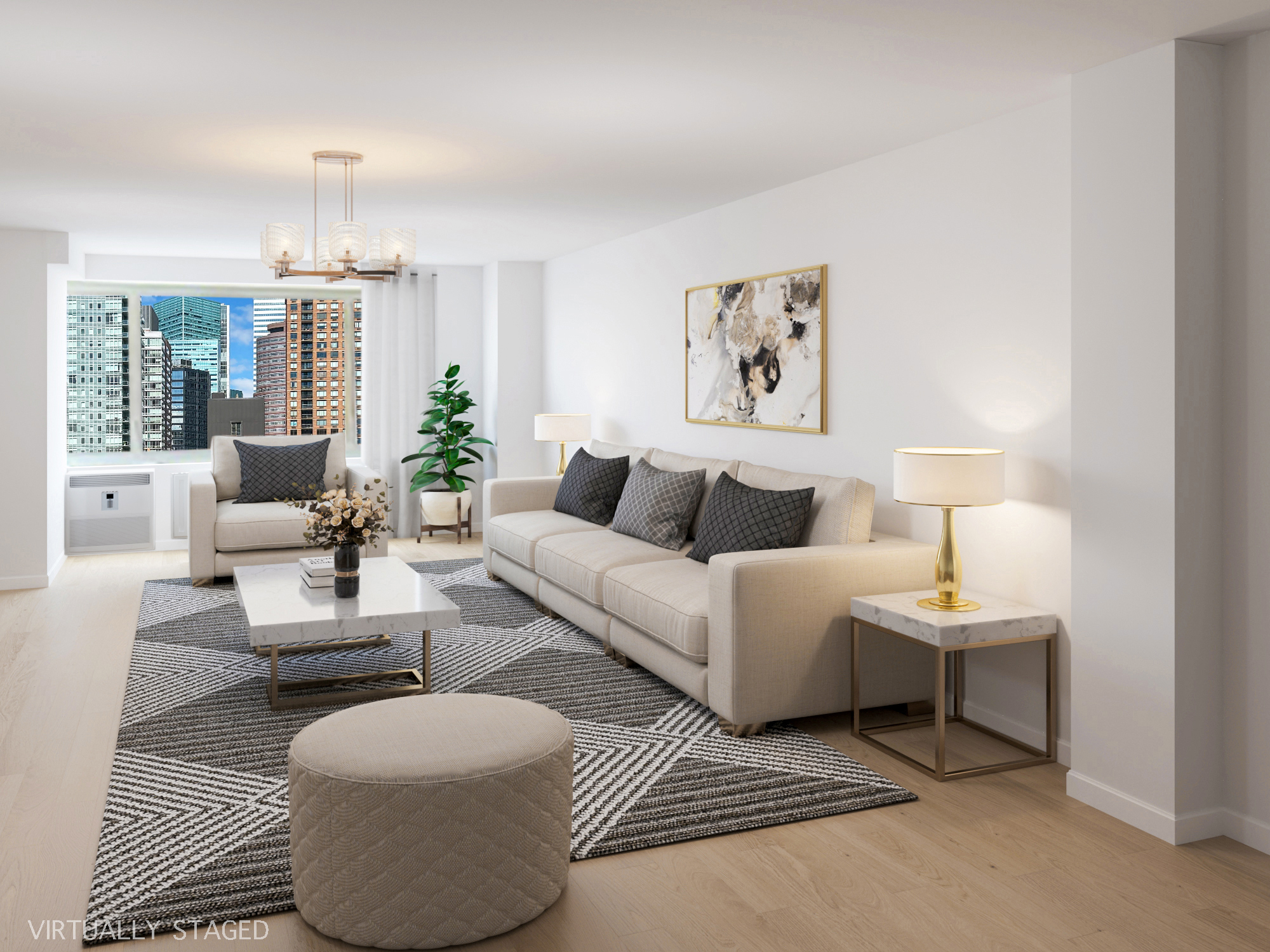 a living room with furniture and a chandelier