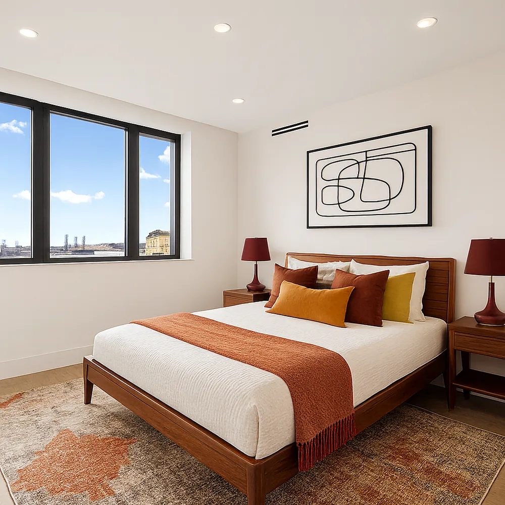 a bedroom with bed and window