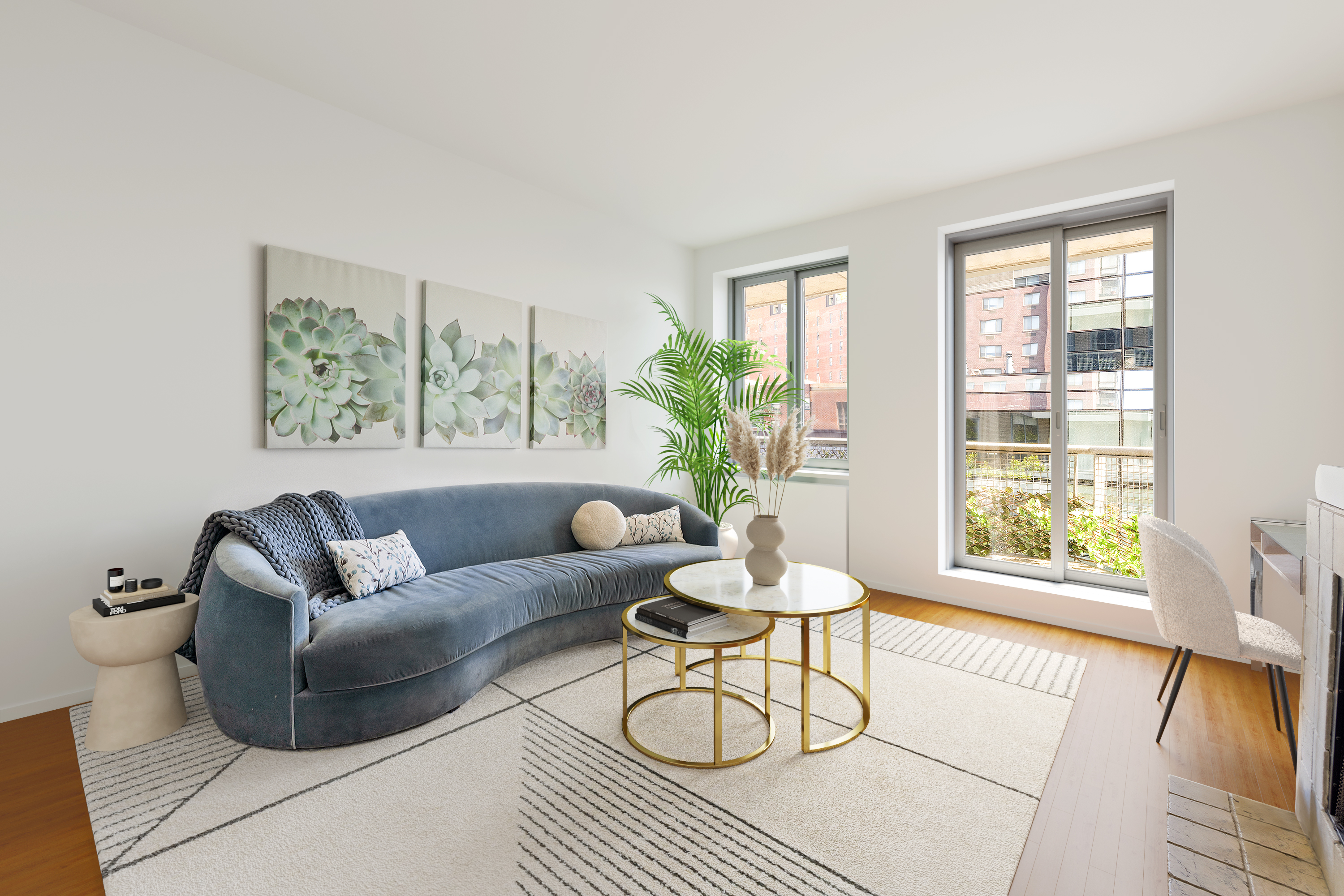 167 Perry Street, Unit 5D Manhattan, NY 10014 - Photo 2 of 18 a living room with furniture and floor to ceiling windows