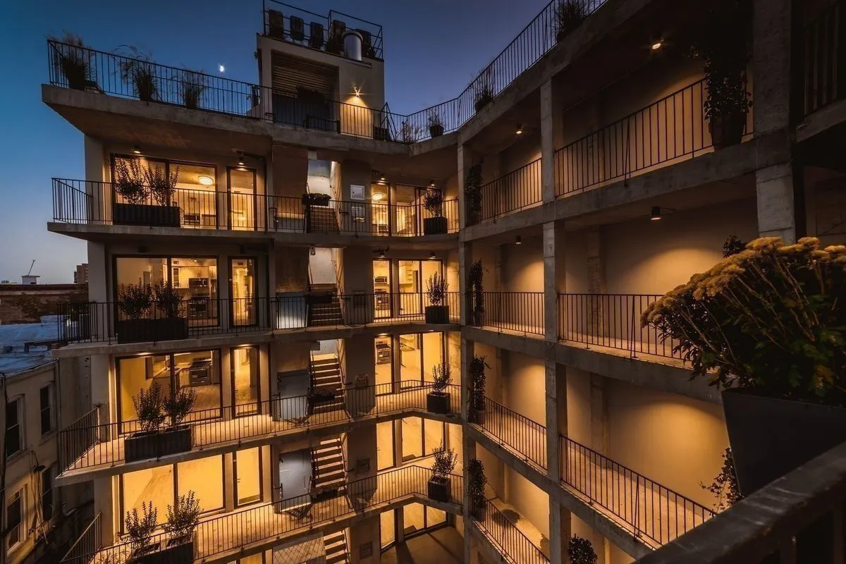 a view of a building from a balcony