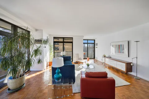 a living room with furniture and a potted plant