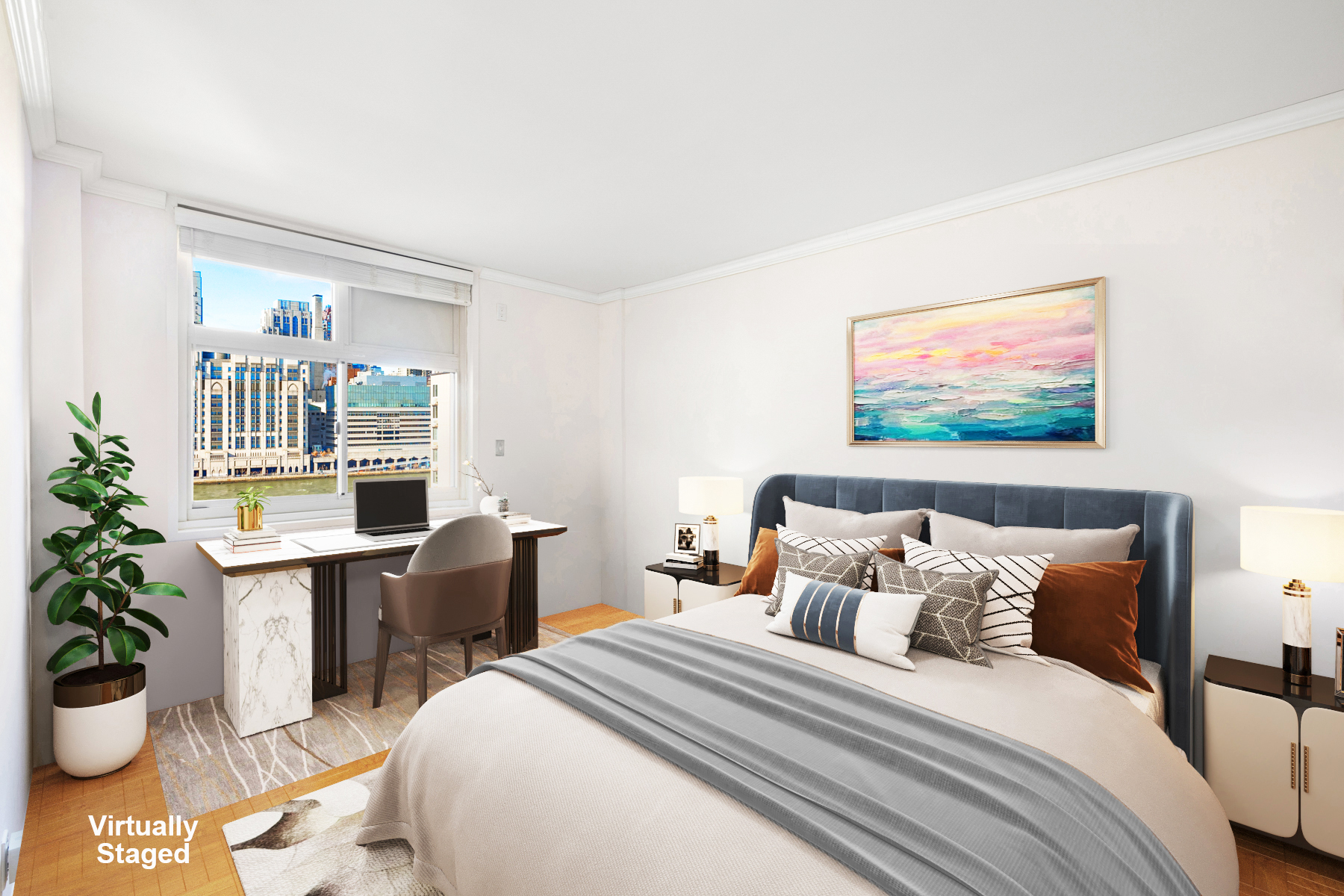 555 Main Street, Unit 1114 Manhattan, NY 10044 - Photo 2 of 9 a bed room with furniture and a potted plant