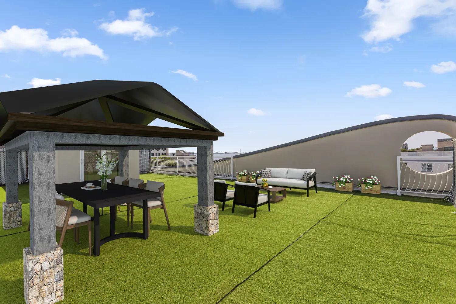 a table and chairs in front of a room