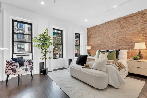 a living room with furniture and a potted plant