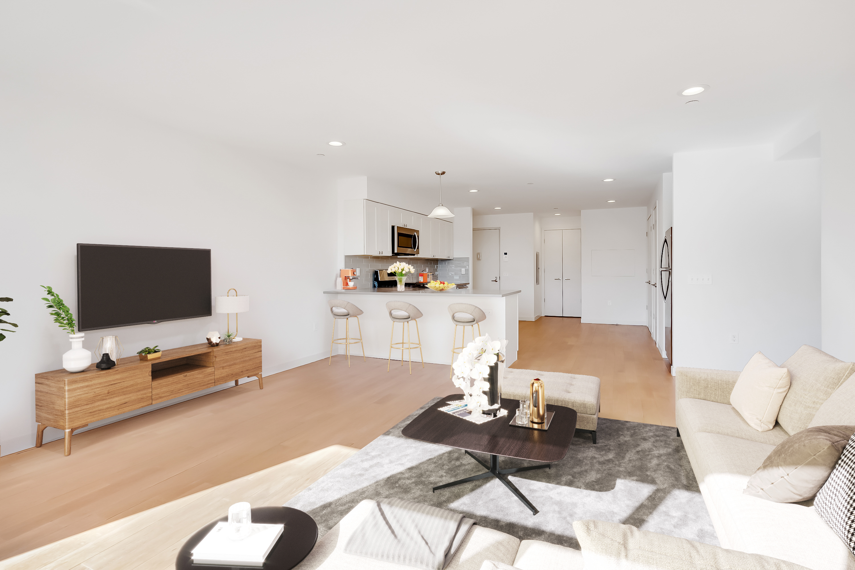 26-20 14th Place, Unit 3D Queens, NY 11102 - Photo 1 of 12 a living room with furniture and a flat screen tv