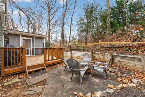 a backyard of a house with table and chairs