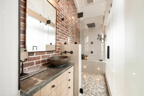 a bathroom with a bathtub