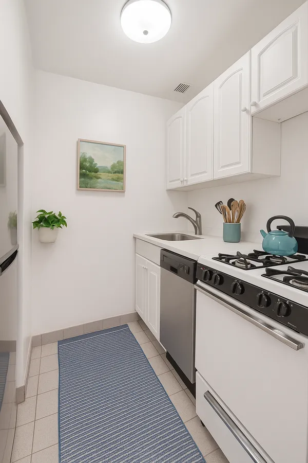 a kitchen with a sink a stove and cabinets