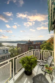a view of a balcony with lake view and a potted plant