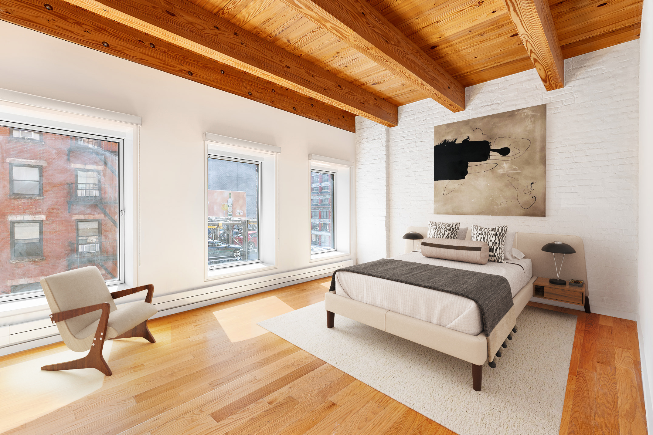 136 Baxter Street, Unit 3C Manhattan, NY 10013 - Photo 9 of 15 a spacious bedroom with a bed a table and chair