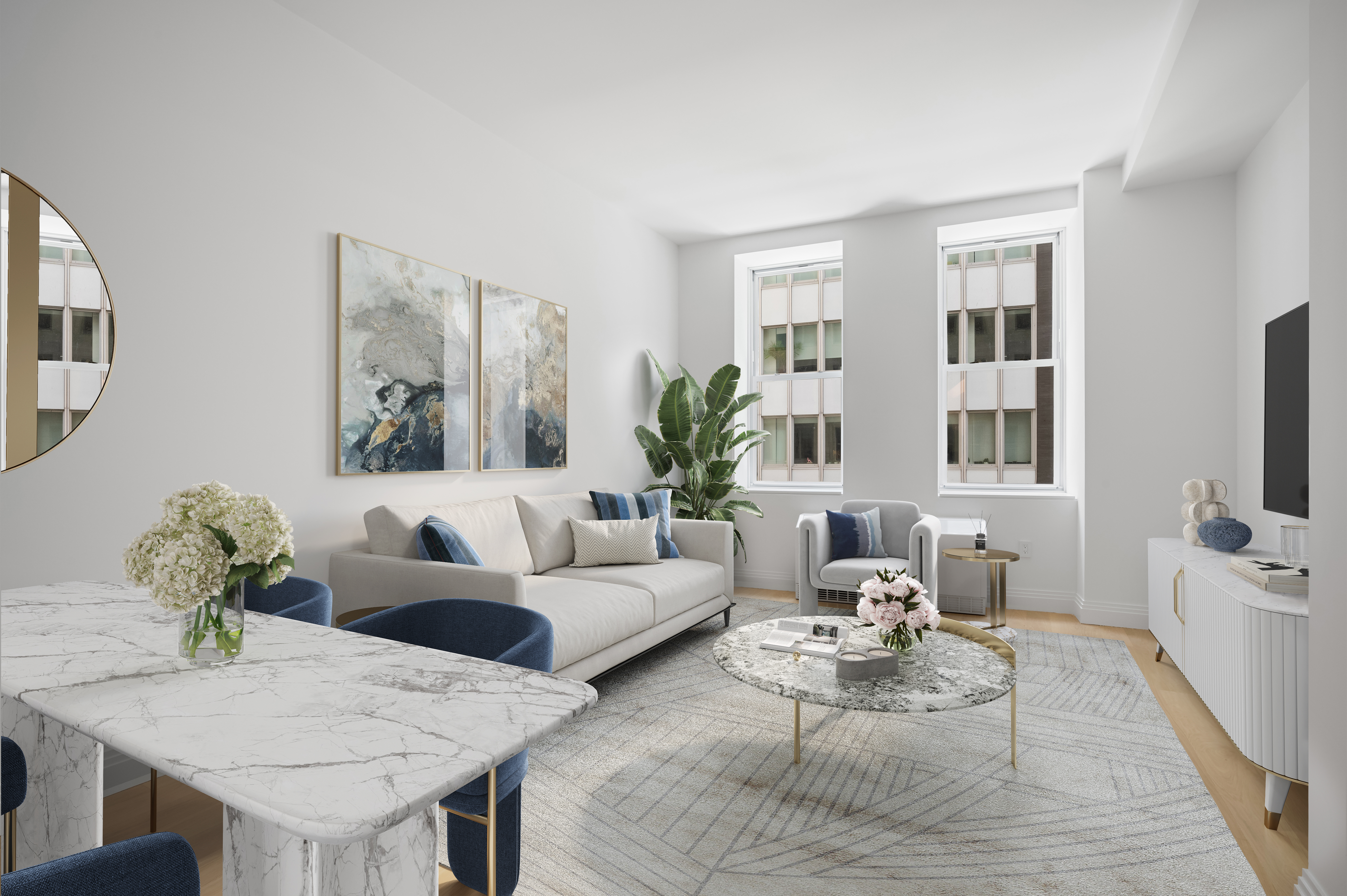 1 Wall Street, Unit 915 Manhattan, NY 10005 - Photo 1 of 18 a living room with furniture potted plant and windows