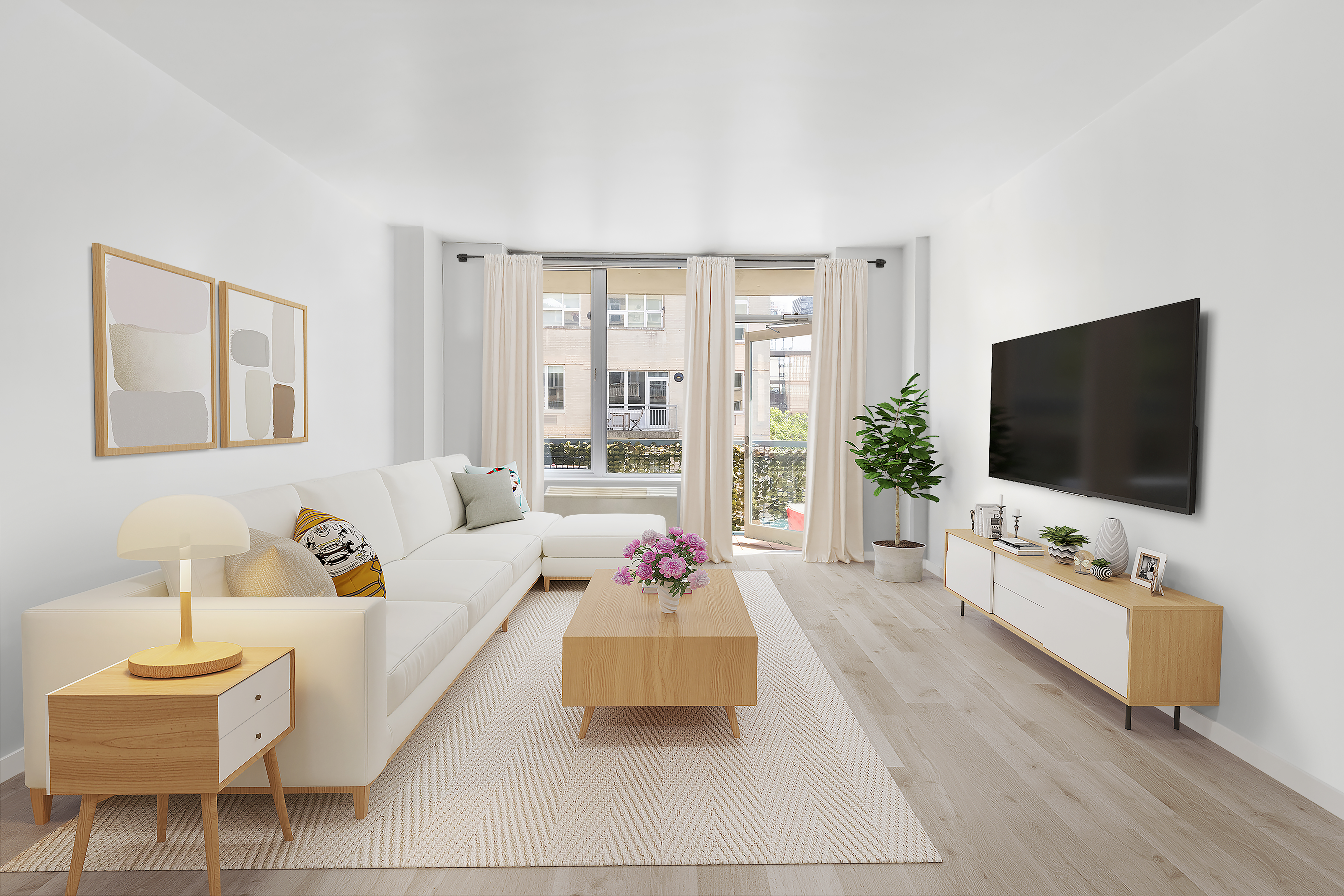 a living room with furniture a flat screen tv and a large window