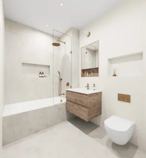 a bathroom with a bathtub shower sink and mirror