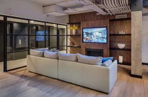 a living room with furniture and a book shelf