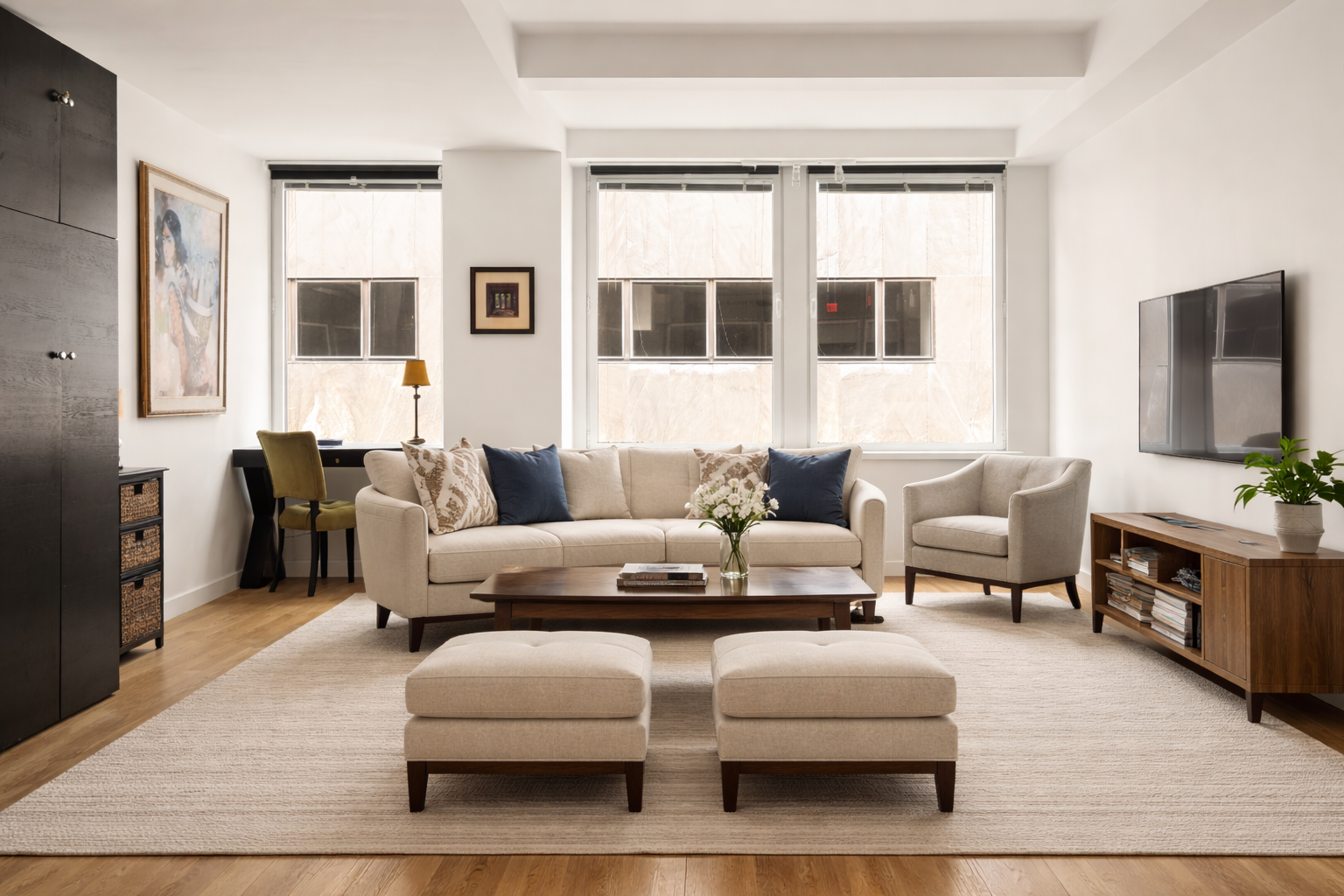 90 William Street, Unit 15F Manhattan, NY 10038 - Photo 3 of 10 a living room with furniture wooden floor and a flat screen tv