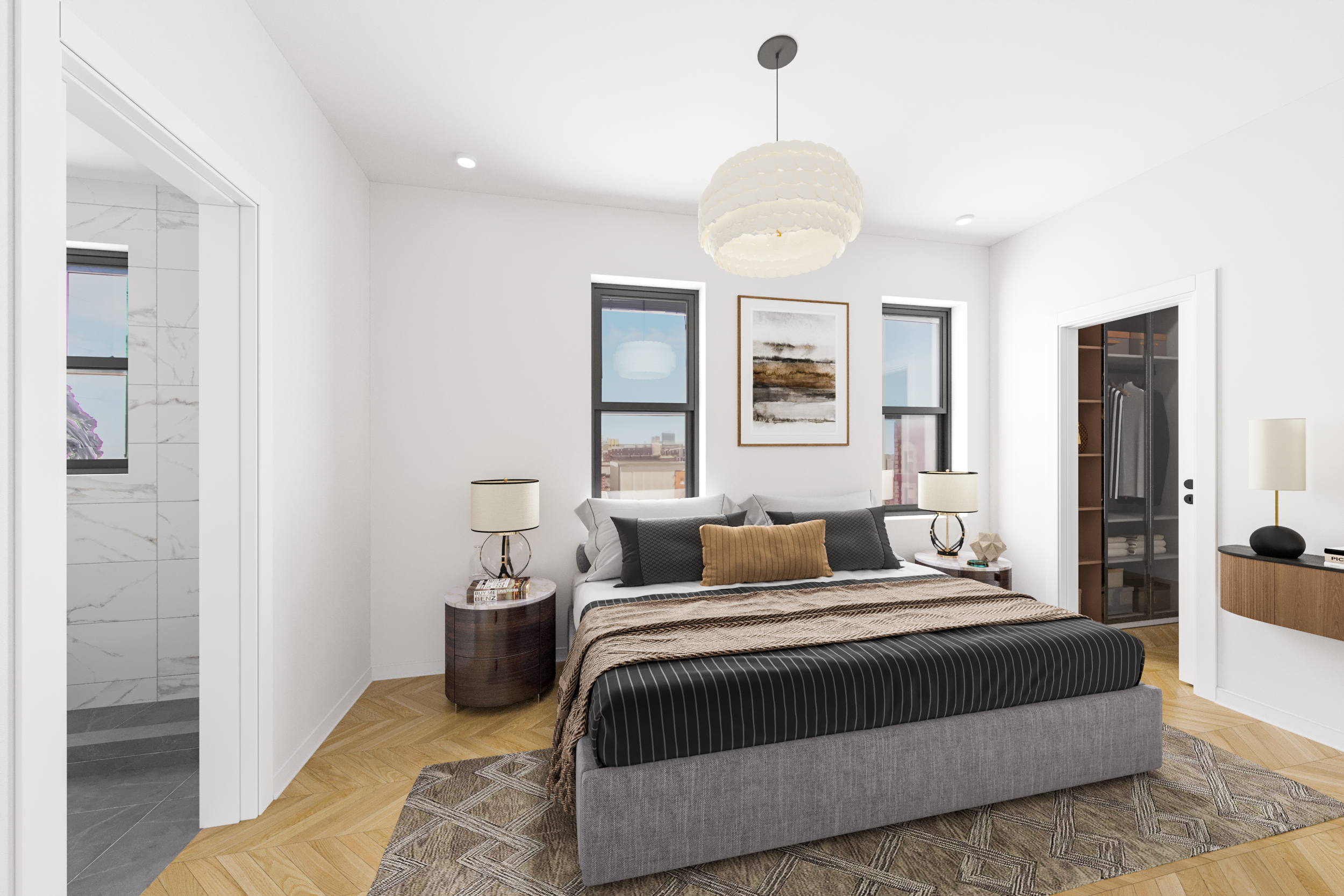 100 St Nicholas Avenue, Unit 7E Manhattan, NY 10026 - Photo 5 of 10 a bedroom with a large bed and a chandelier