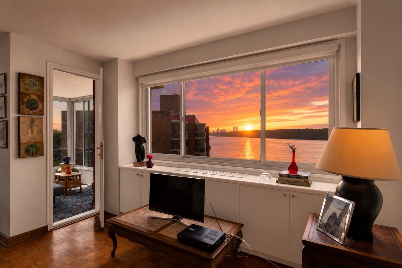 2621 Palisade Avenue, Unit 11J Bronx, NY 10463 - Photo 1 of 19 a living room with a large window and a wooden floor