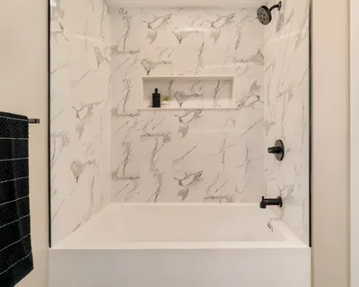 a bathroom with a bathtub