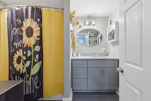 a bathroom with a sink and a mirror