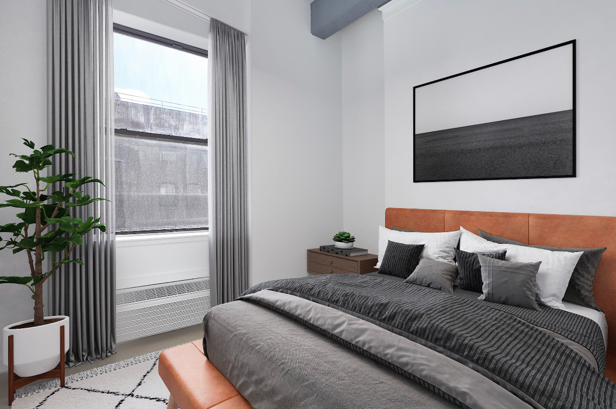 44 Berry Street, Unit 6F Brooklyn, NY 11249 - Photo 4 of 8 a bedroom with a bed and a potted plant