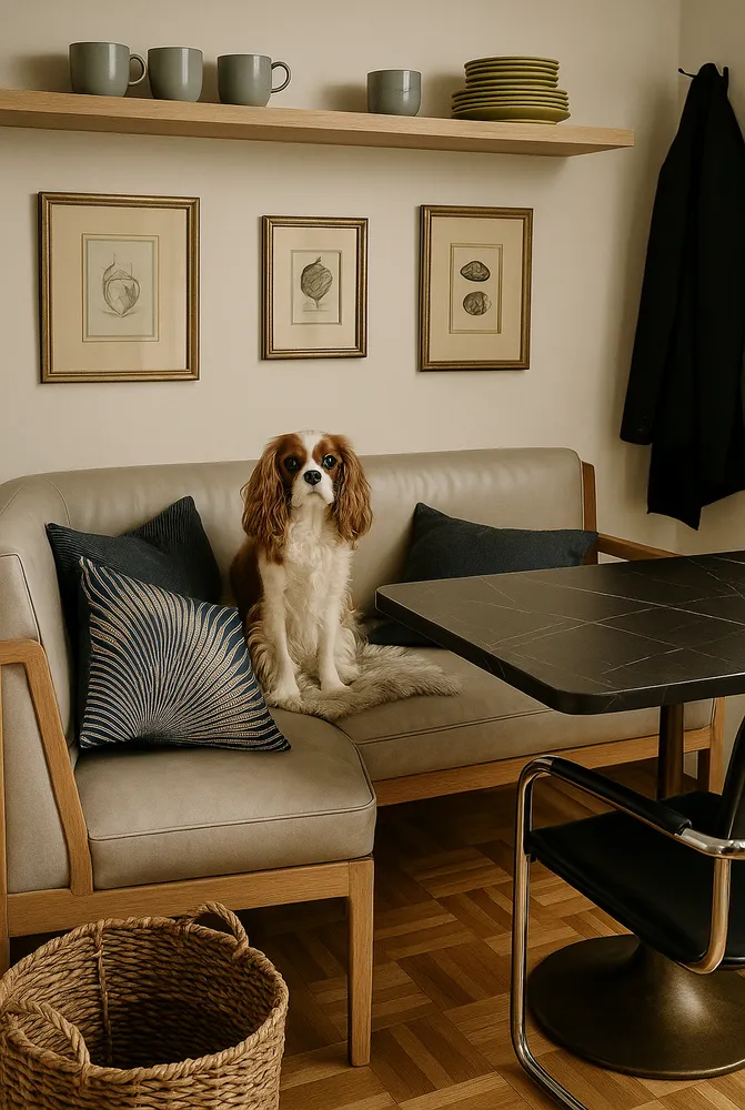 a living room with furniture and a lamp
