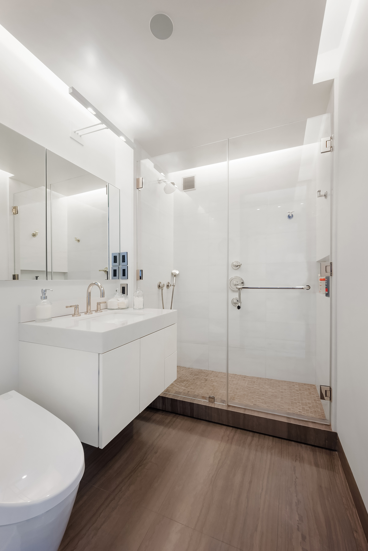 279 Central Park West, Unit 8B Manhattan, NY 10024 - Photo 10 of 15 a bathroom with a double vanity sink and mirror