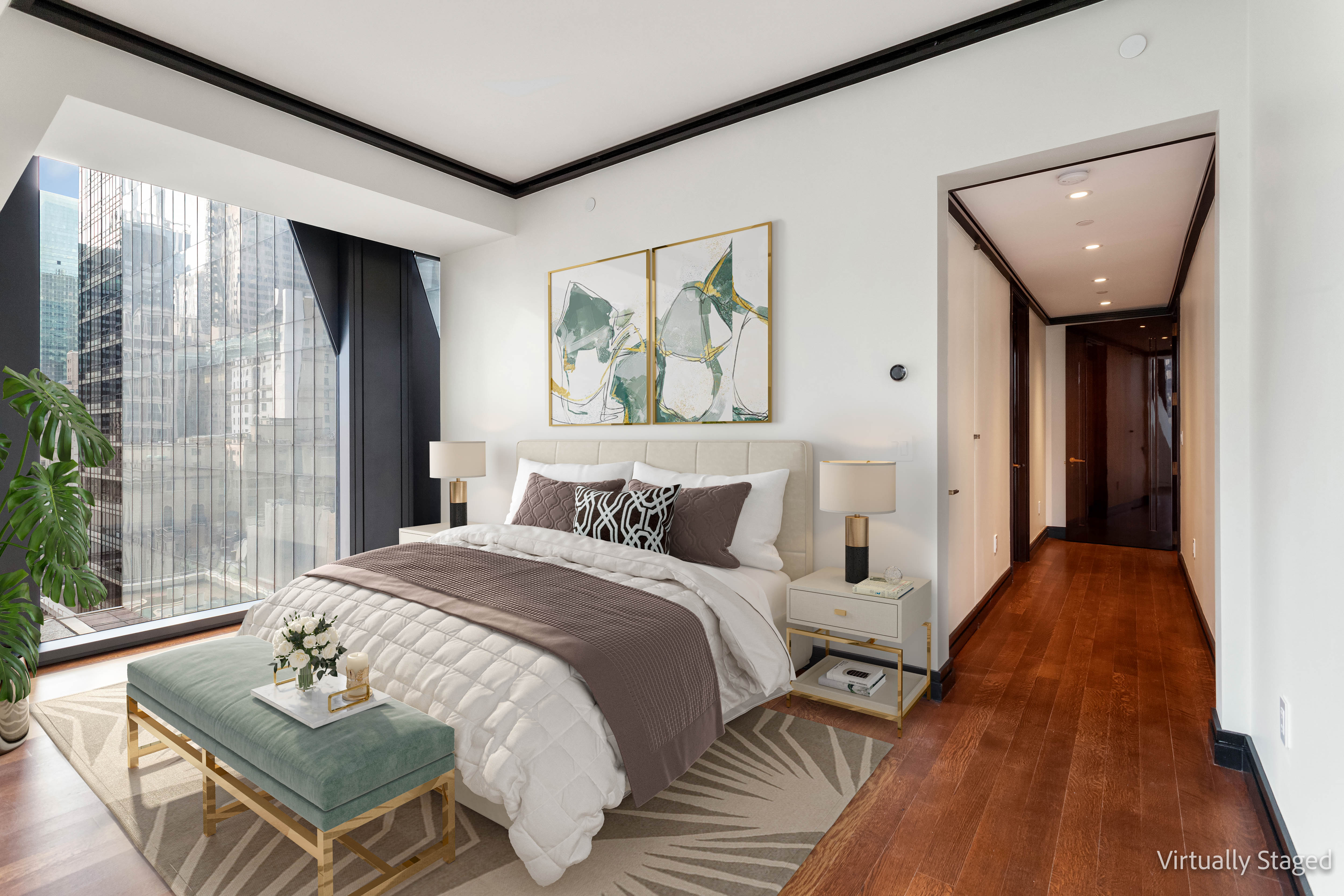 53 West 53rd Street, Unit 16C Manhattan, NY 10019 - Photo 6 of 12 a bedroom with a bed and glass window