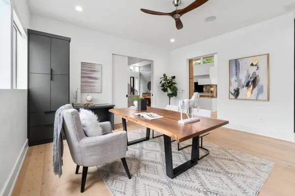 a view of a dining room with furniture