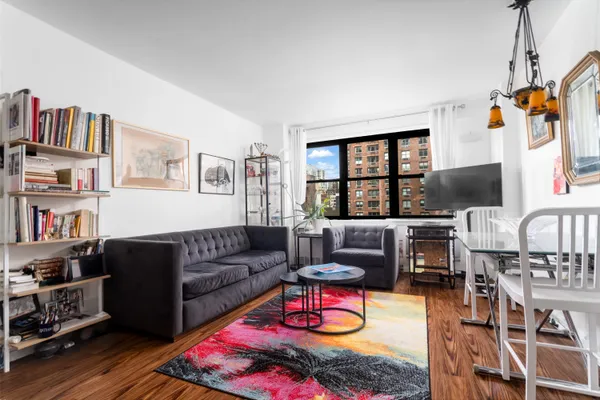 a living room with furniture a rug and a book shelf