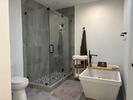 a bathroom with a toilet and a shower