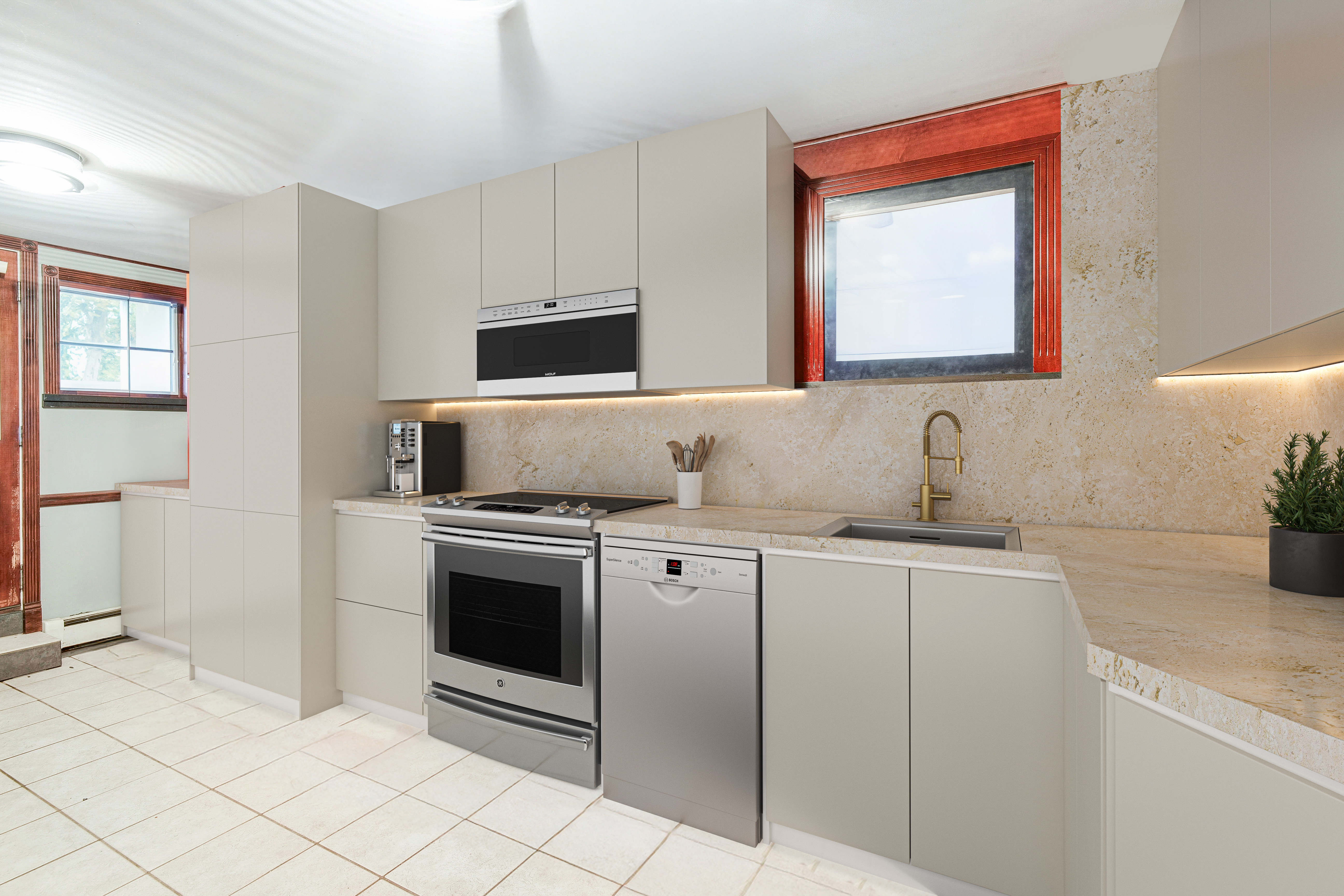 233 Battery Avenue Brooklyn, NY 11209 - Photo 12 of 26 a kitchen with granite countertop white cabinets and white appliances