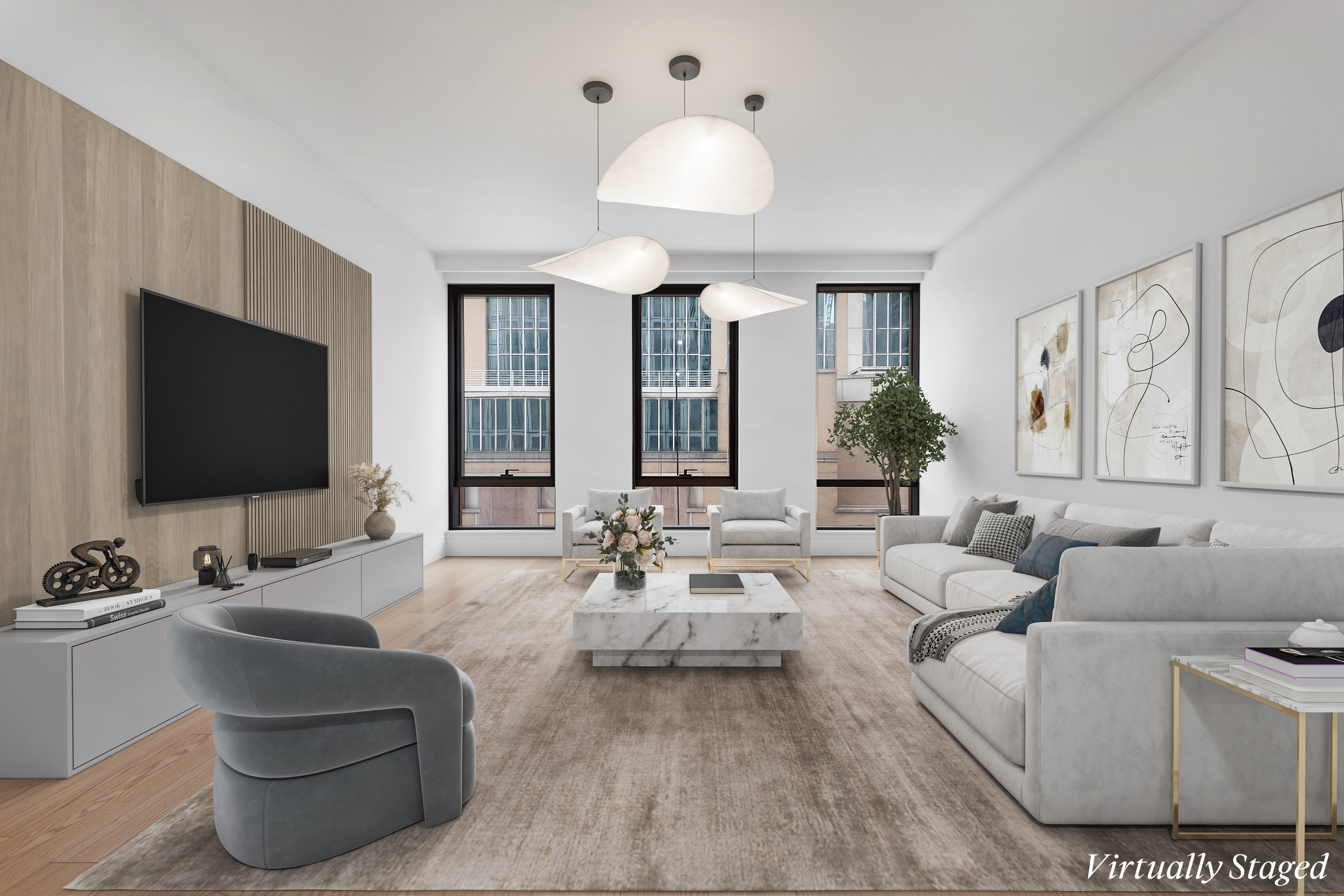 50 West 66th Street, Unit 7B Manhattan, NY 10023 - Photo 3 of 24 a living room with furniture and a flat screen tv