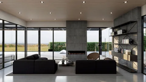 a living room with furniture and a floor to ceiling window