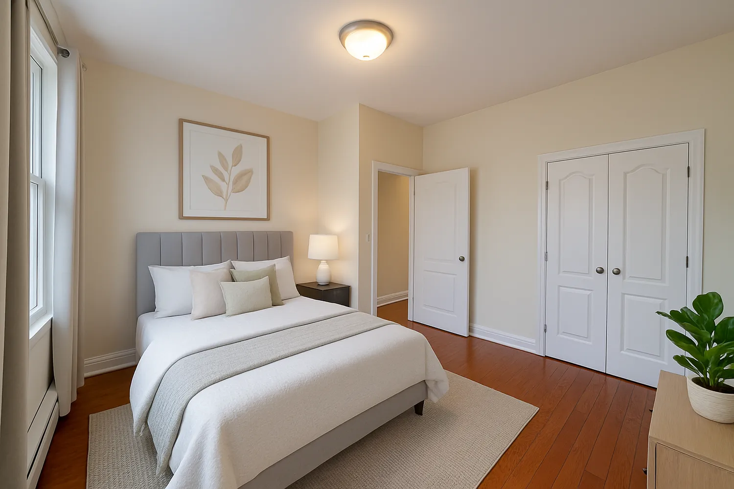 a bedroom with bed and paintings on the wall