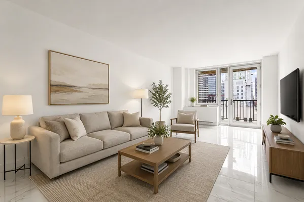 a living room with furniture a flat screen tv and a large window