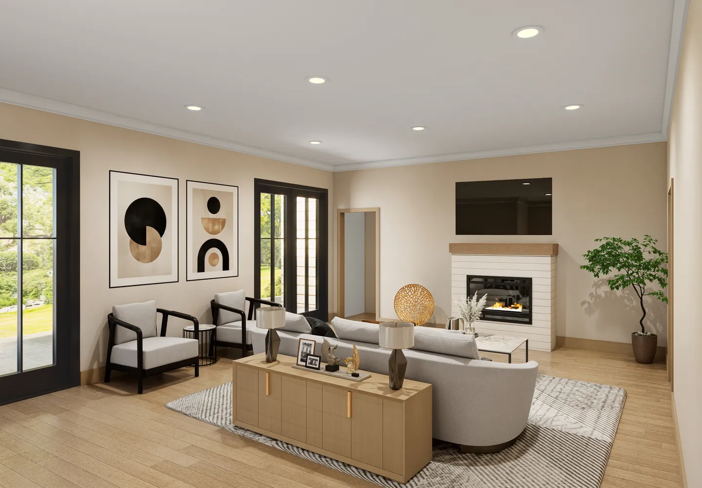 a living room with furniture a fireplace and a flat screen tv