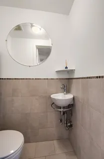 a bathroom with a sink a toilet and a mirror