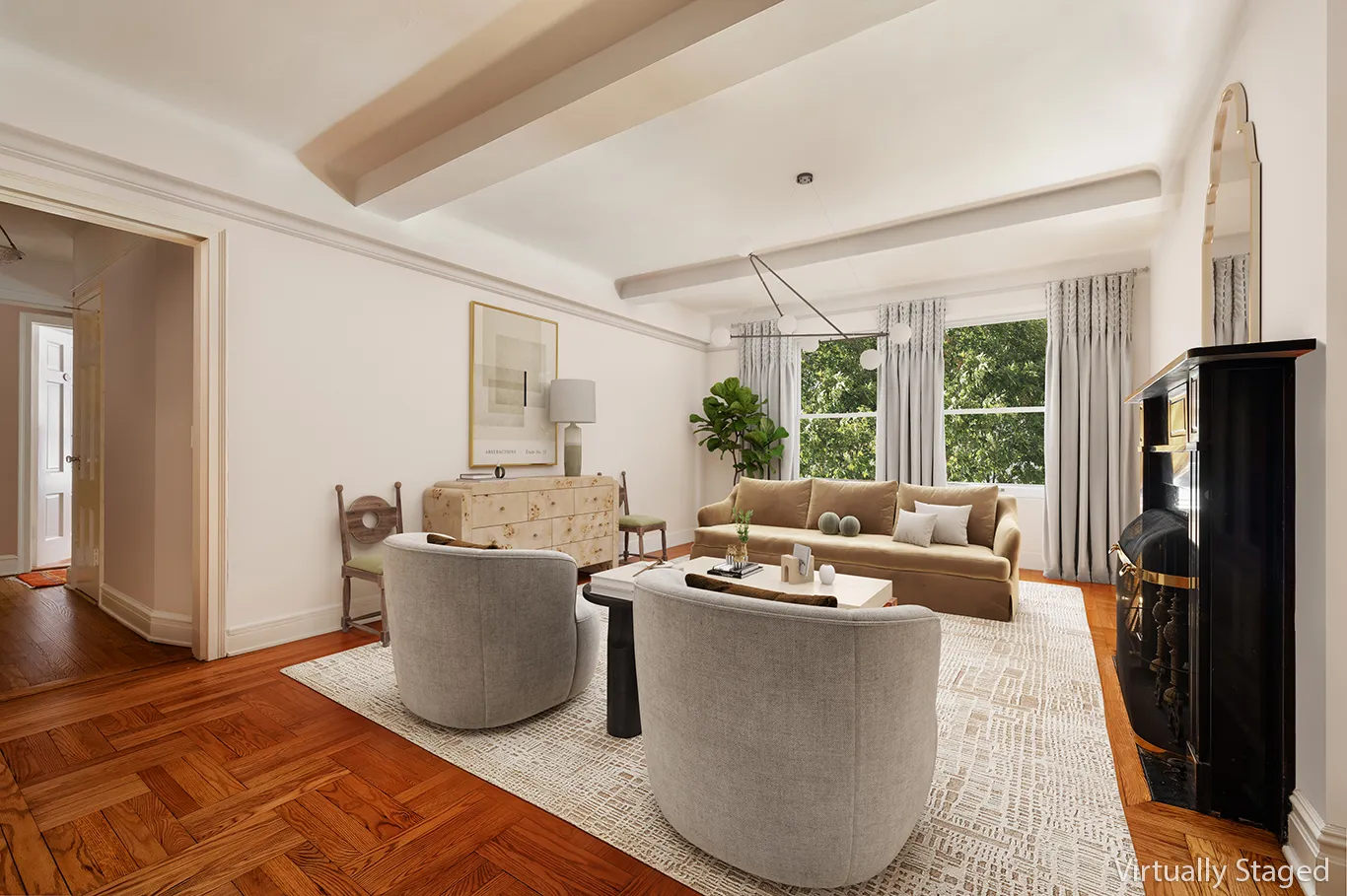 a living room with a couch and a table