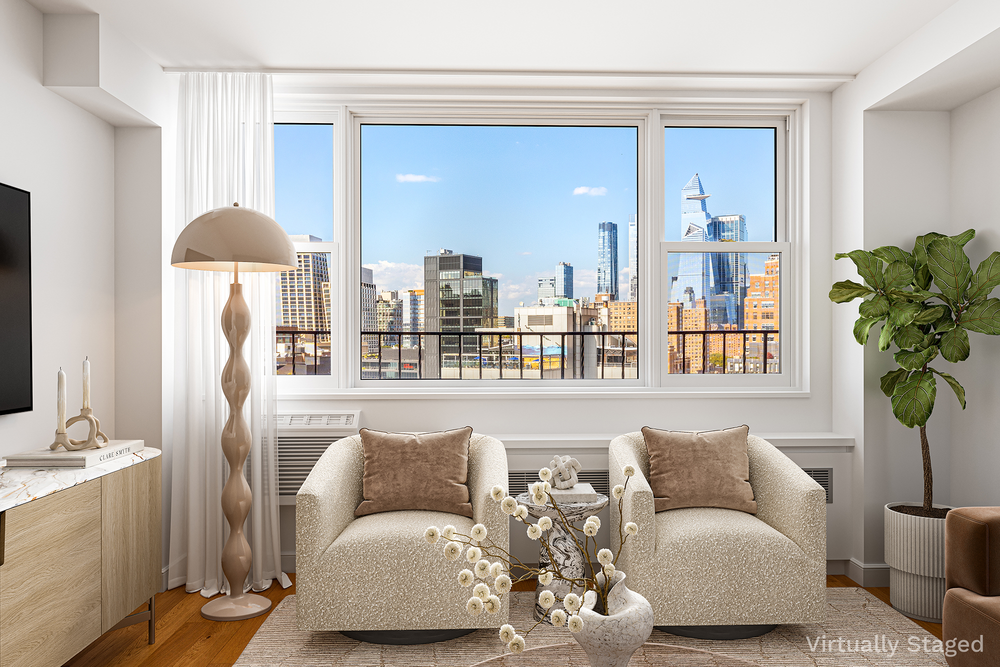 61 Jane Street, Unit 19J Manhattan, NY 10014 - Photo 3 of 16 a living room with furniture and a large window
