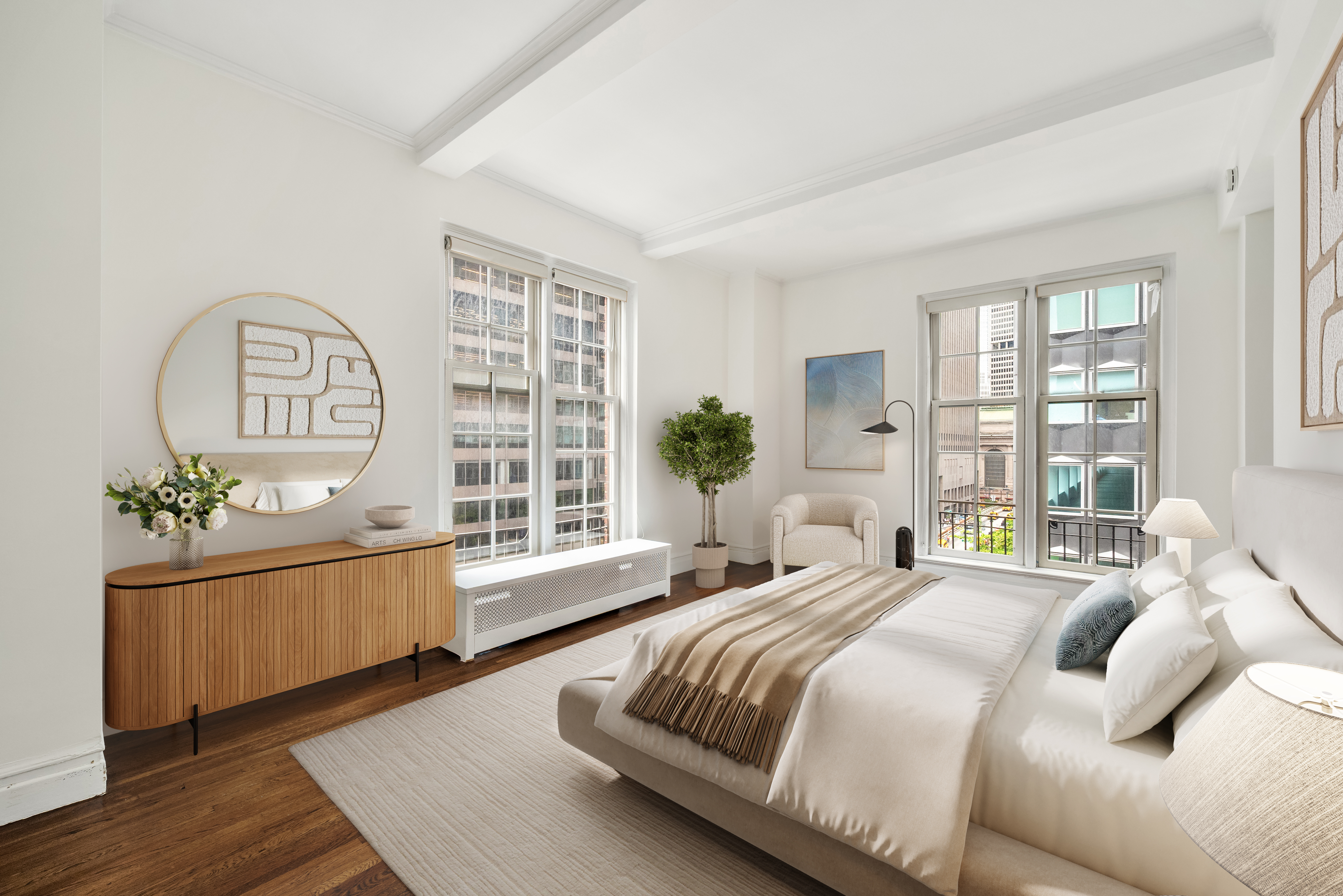77 Park Avenue, Unit 7C Manhattan, NY 10016 - Photo 4 of 6 a spacious bedroom with a bed a dresser with wooden floor