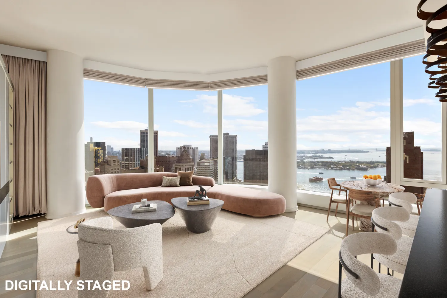 a living room with furniture and a floor to ceiling window