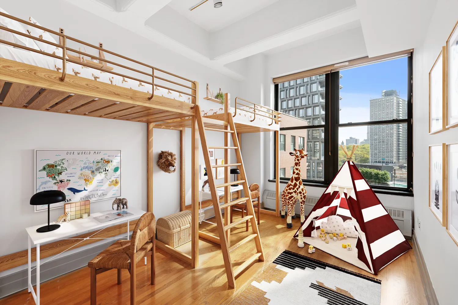 a room with lots of white furniture and windows